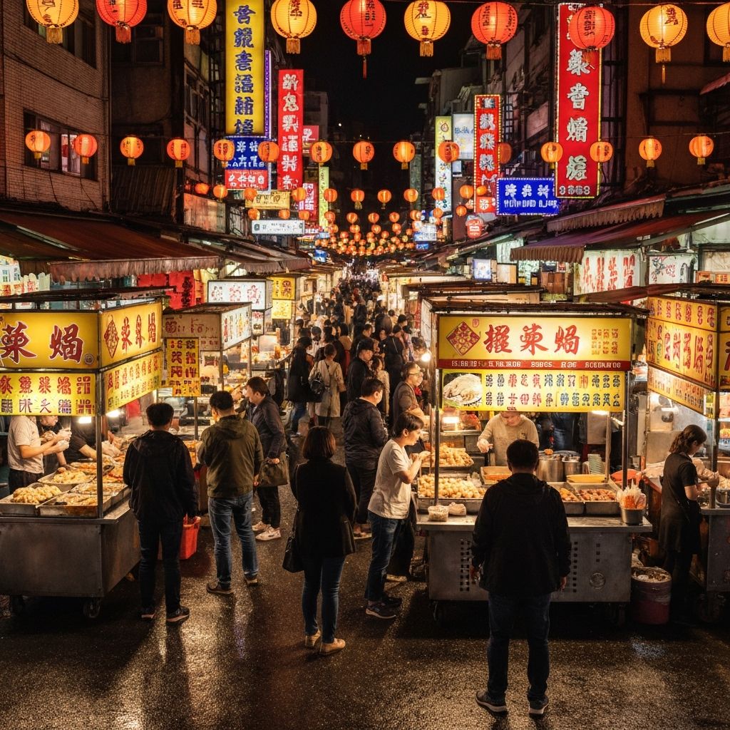 台灣士林夜市——燈籠高掛、美食攤香氣四溢的熱鬧景象